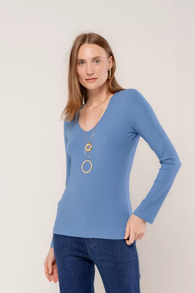 Hidrogênio - Long-sleeved blouse with V-neck, blue. - 18235015