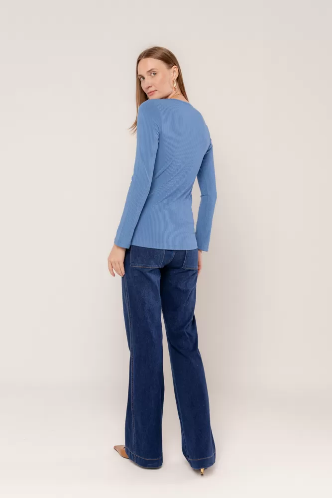 Hidrogênio - Long-sleeved blouse with V-neck, blue. - 18235015