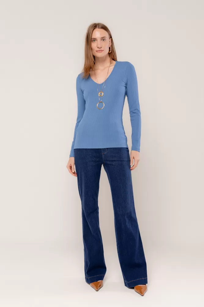 Hidrogênio - Long-sleeved blouse with V-neck, blue. - 18235015