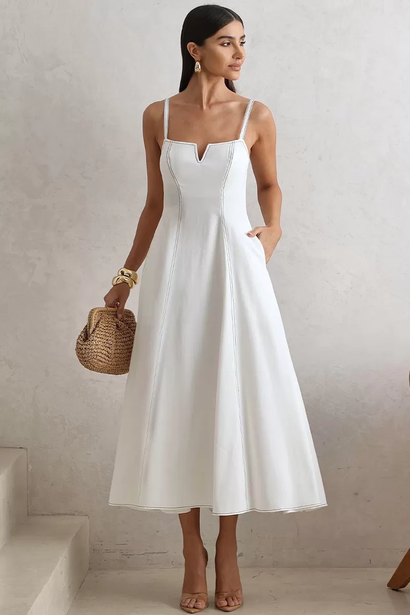 Miss Misses - Milena Dress with Straps and Stitching Detail Off White - 54636030