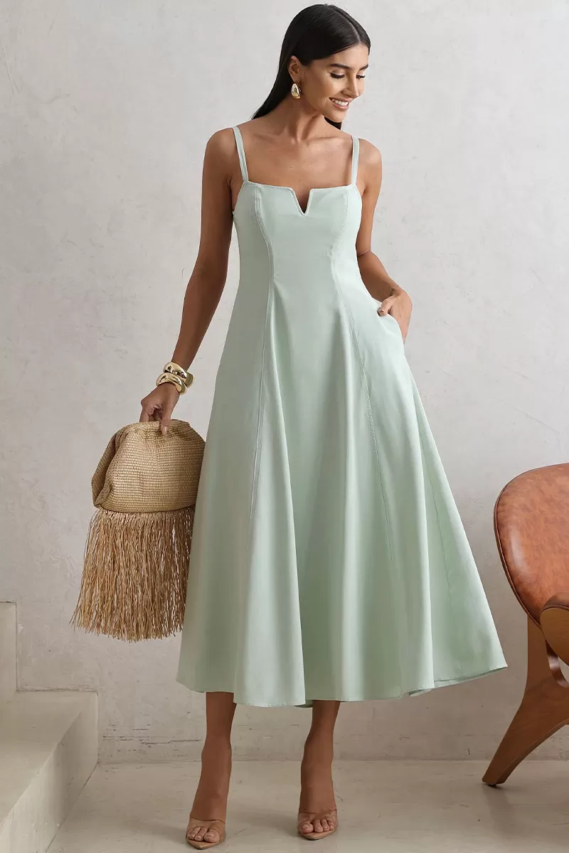 Miss Misses - Milena Dress with Straps and Green Stitching Detail - 54636023