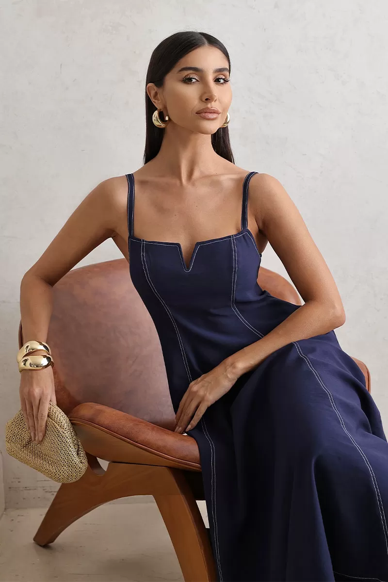 Miss Misses - Milena Dress with Straps and Stitching Detail in Navy Blue - 54636004