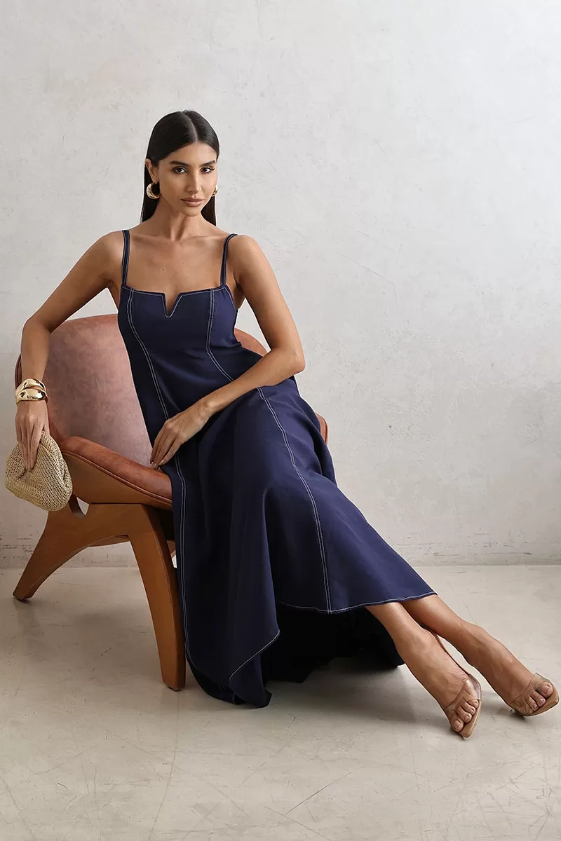 Miss Misses - Milena Dress with Straps and Stitching Detail in Navy Blue - 54636004