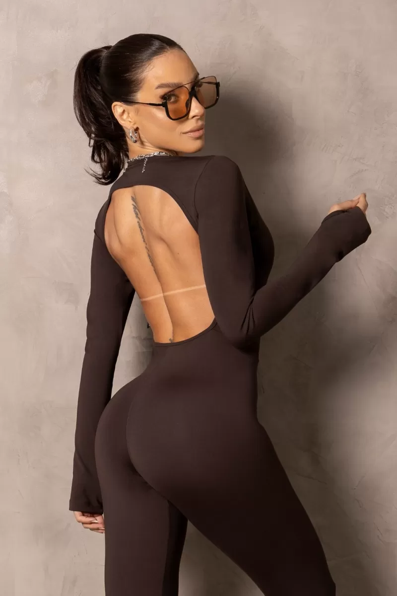 Hipkini - Long Sleeve Fitness Smash Coffee Jumpsuit - 33331509