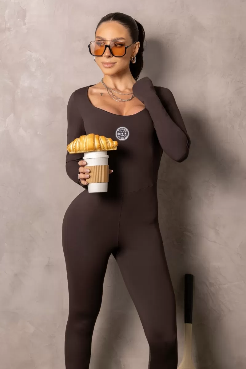 Hipkini - Long Sleeve Fitness Smash Coffee Jumpsuit - 33331509