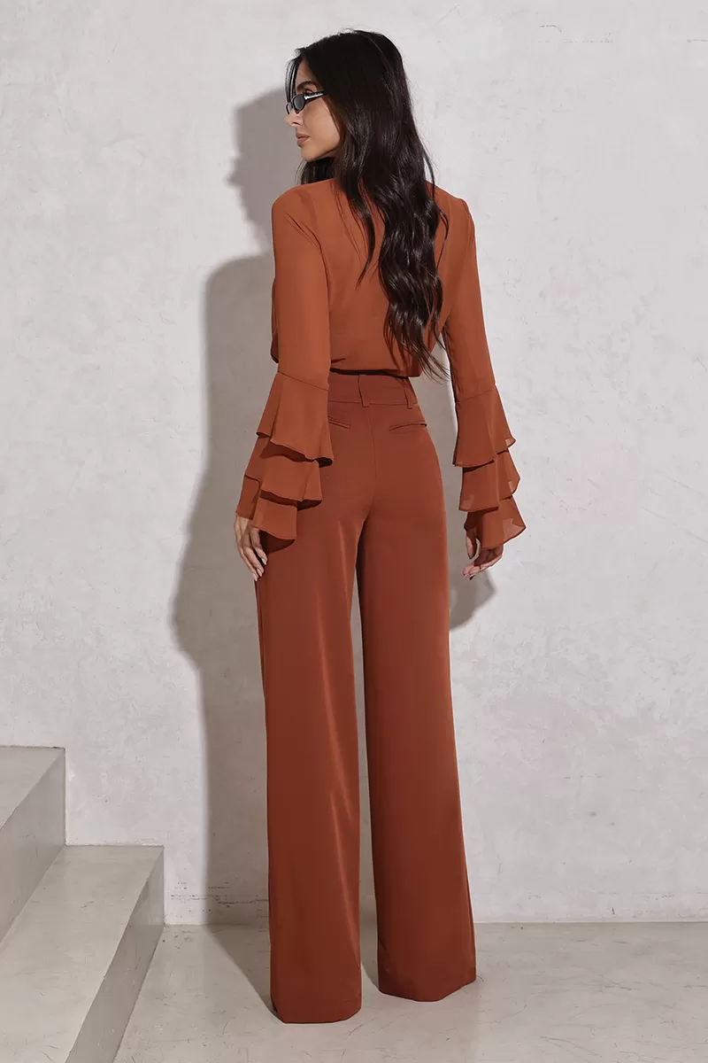 Dot Clothing - Blusa Dot Clothing Manga Babado Marrom - 2792MARROM