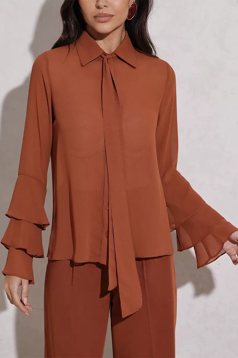 Dot Clothing - Blusa Dot Clothing Manga Babado Marrom - 2792MARROM