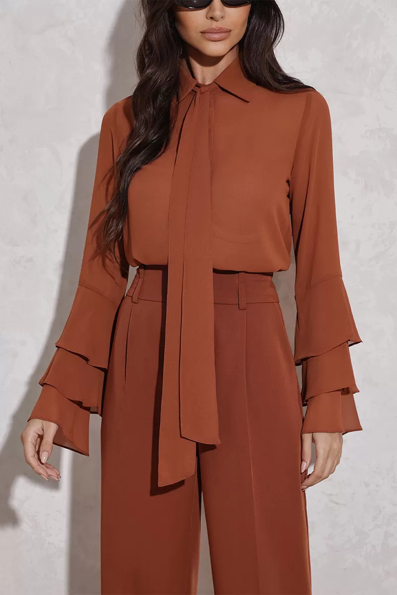 Dot Clothing - Blusa Dot Clothing Manga Babado Marrom - 2792MARROM