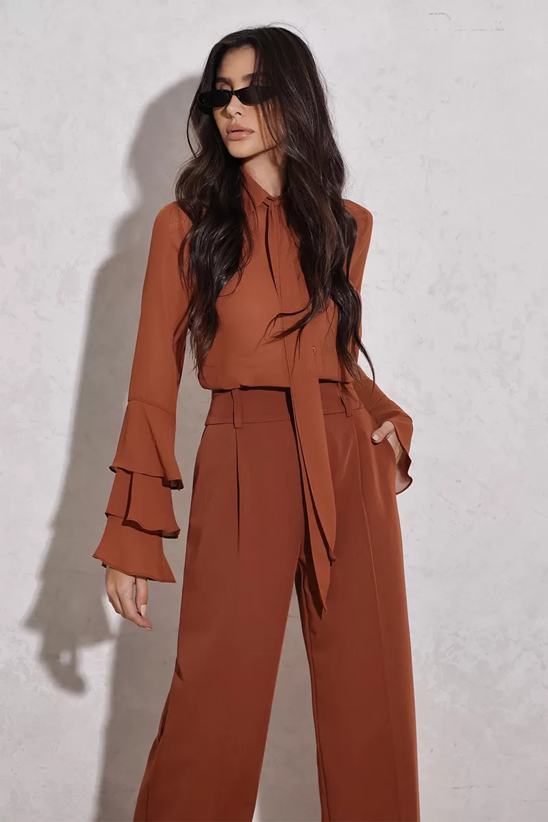 Dot Clothing - Blusa Dot Clothing Manga Babado Marrom - 2792MARROM