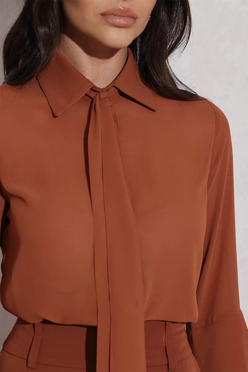 Dot Clothing - Blusa Dot Clothing Manga Babado Marrom - 2792MARROM