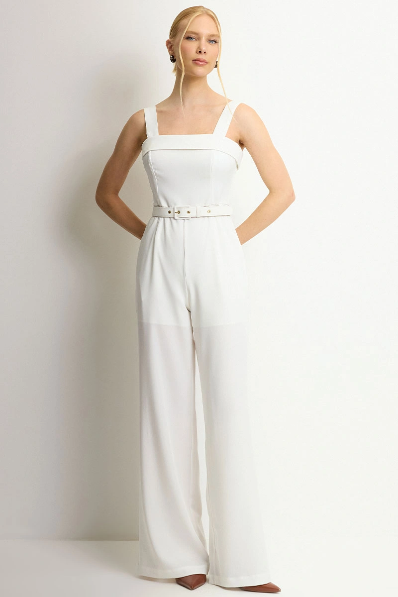 Miss Misses - Kesia Long Jumpsuit with Belt Detail Off White - 54634030