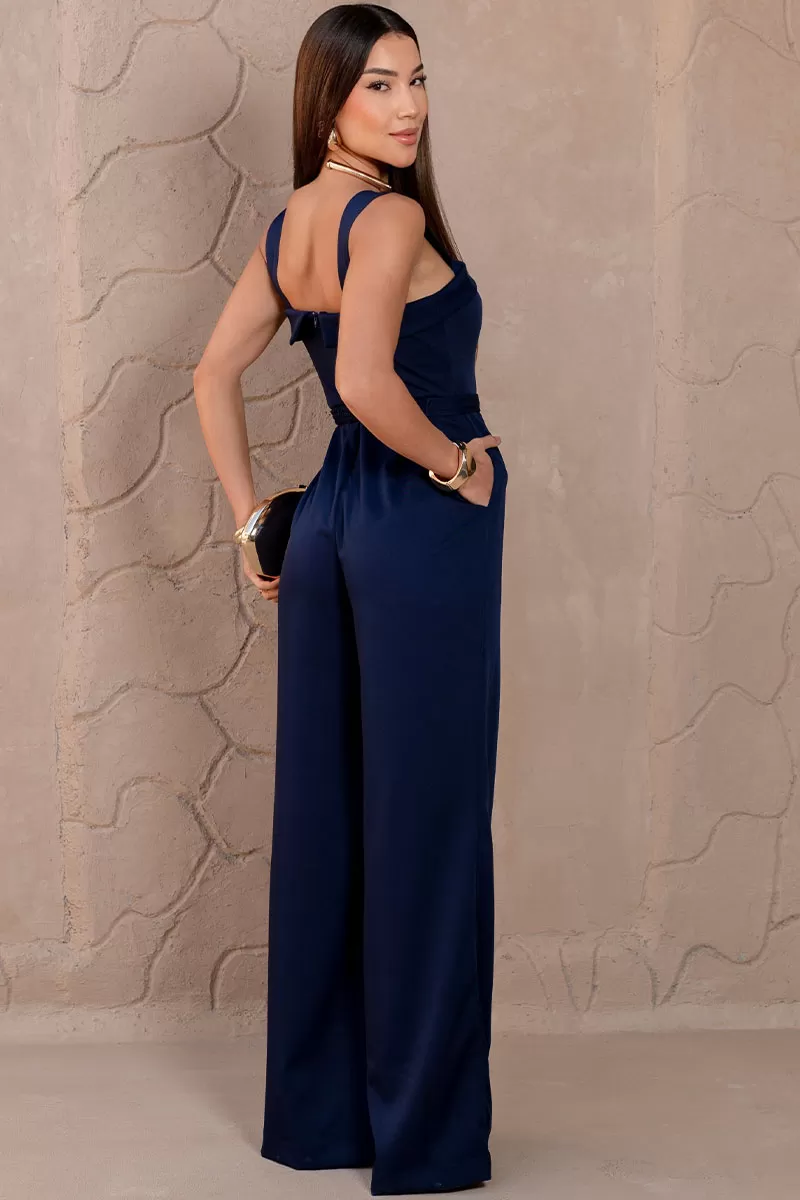 Miss Misses - Kesia Long Jumpsuit with Belt Detail Navy Blue - 54634002