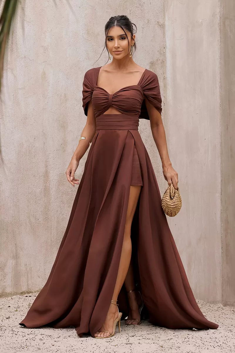 Dot Clothing - Vestido Dot Clothing Acetinado C/ Fenda Marrom - 2797MARROM