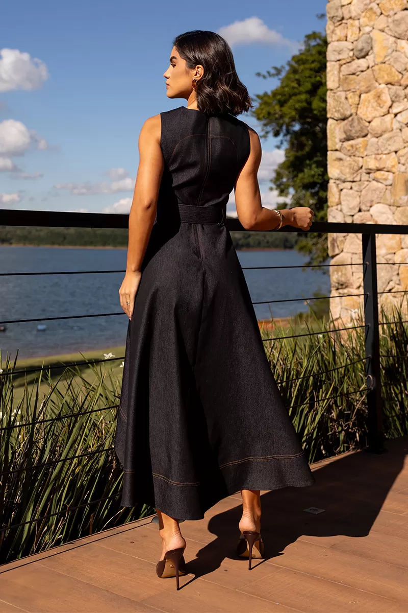 Dot Clothing - Vestido Midi Dot Clothing Mullet Com Cinto Preto - 2720PRETO