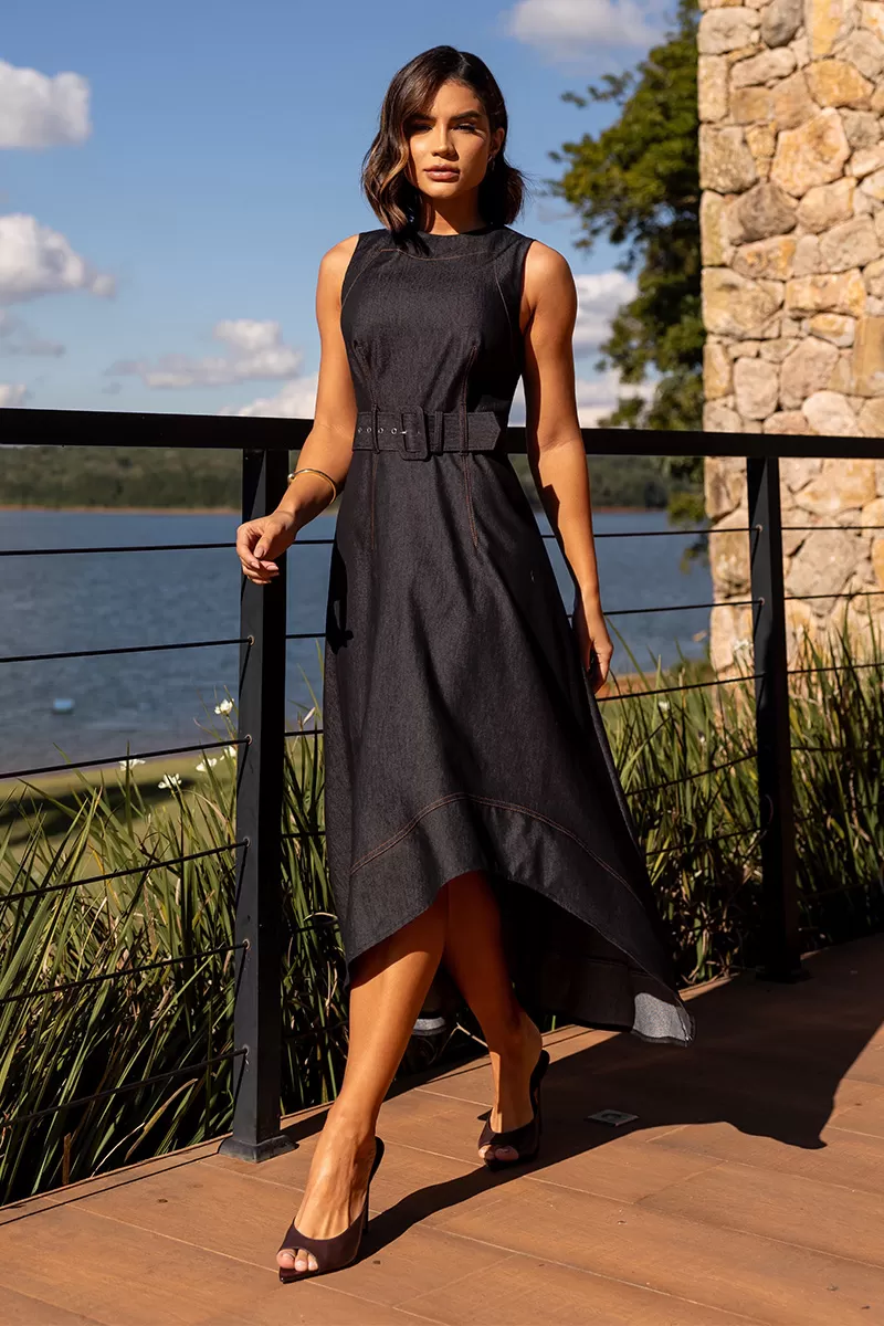 Dot Clothing - Vestido Midi Dot Clothing Mullet Com Cinto Preto - 2720PRETO