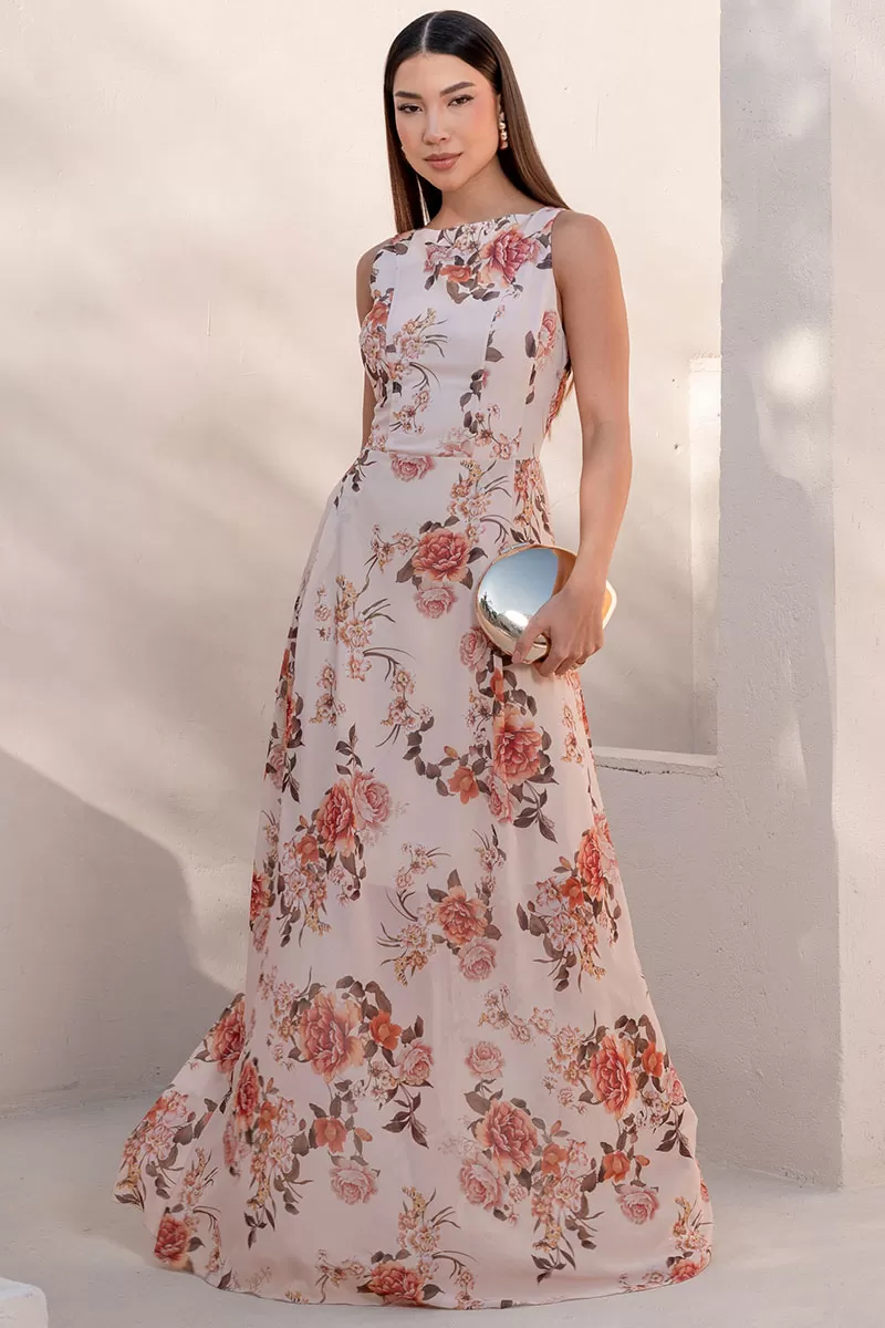 Miss Misses - Mirela Crepe Printed Long Beige Dress - 54643215