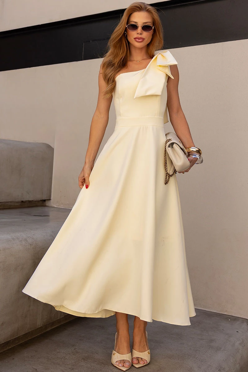 Miss Misses - Vestido Midi Glaucia Um Ombro Só com Laço Amarelo - 54625003