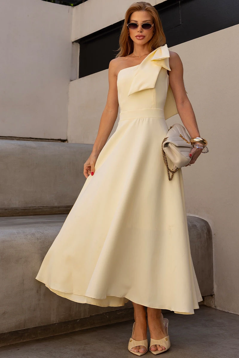 Miss Misses - Vestido Midi Glaucia Um Ombro Só com Laço Amarelo - 54625003