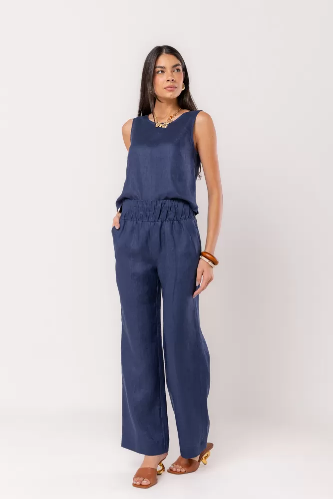 Hidrogênio - CALÇA RETA CÓS PESPONTADO LINHO PURO VALERIA MARINHO - 20541004