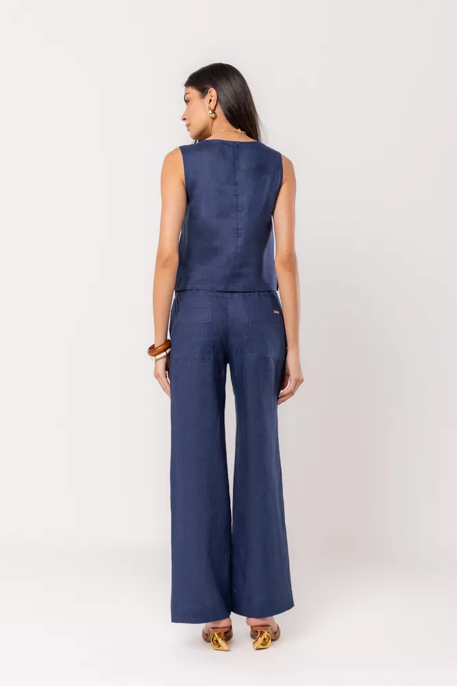 Hidrogênio - CALÇA RETA CÓS PESPONTADO LINHO PURO VALERIA MARINHO - 20541004