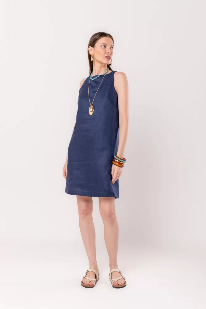 Hidrogênio - VESTIDO EVASE LINHO PURO MARINHO - 20540004