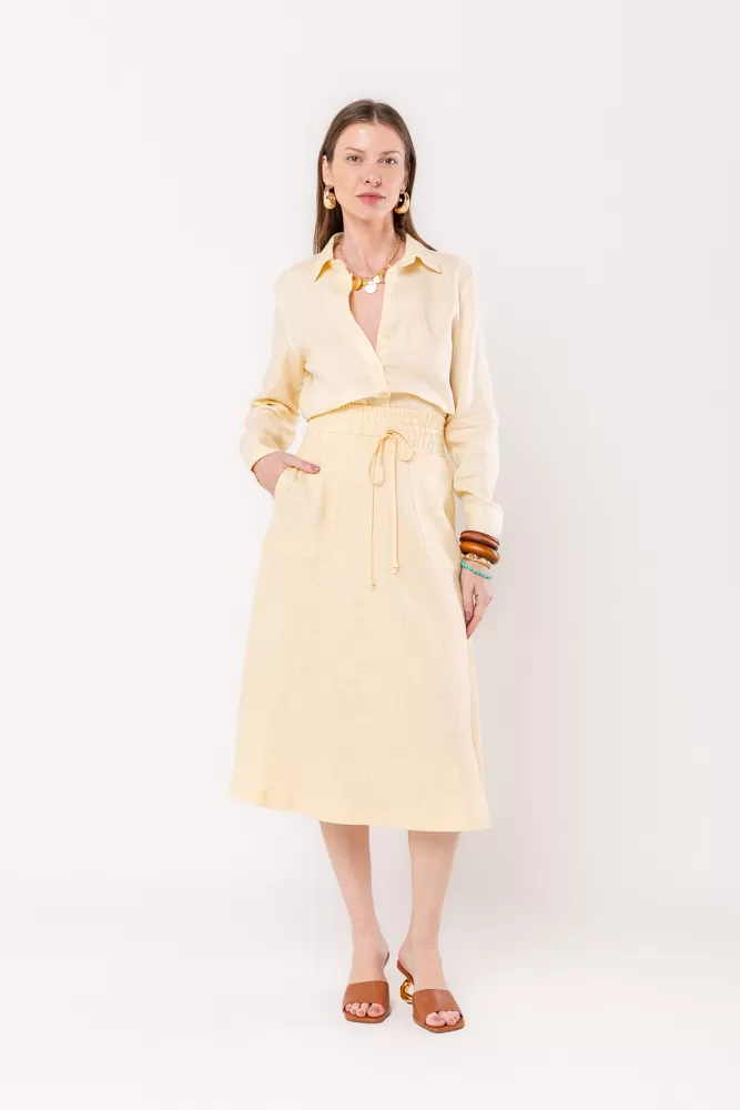 Hidrogênio - SAIA EVASE MIDI 100% LINHO CONCHA - 19800582