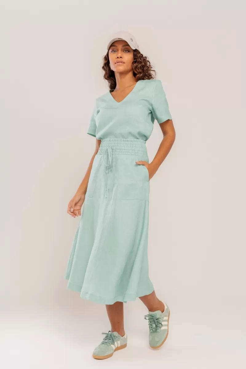 Hidrogênio - SAIA EVASE MIDI 100% LINHO  PEPPERMINT - 19800583