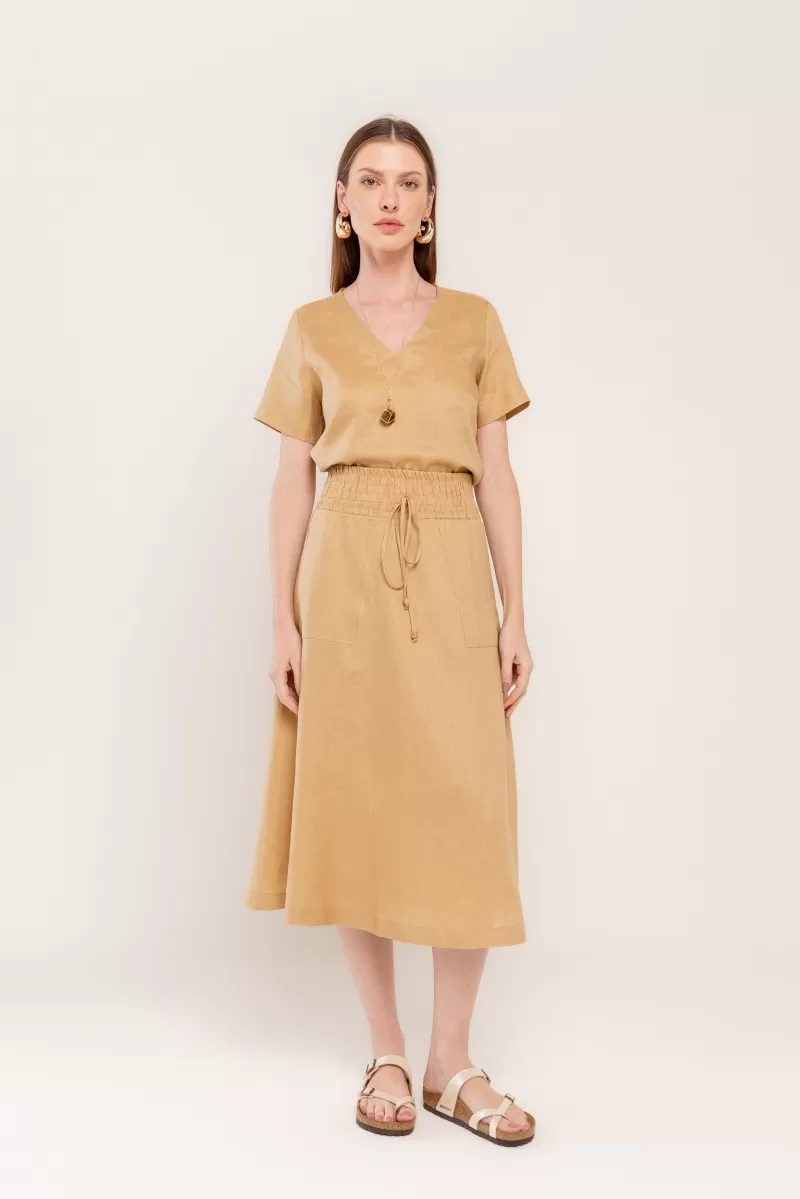 Hidrogênio - SAIA EVASE MIDI 100% LINHO CANGURU - 19800580