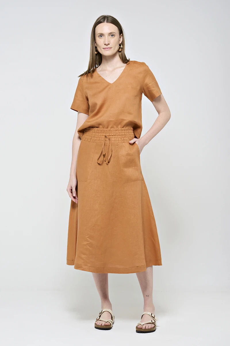 Hidrogênio - SAIA EVASE MIDI 100% LINHO GUARANA - 19800573