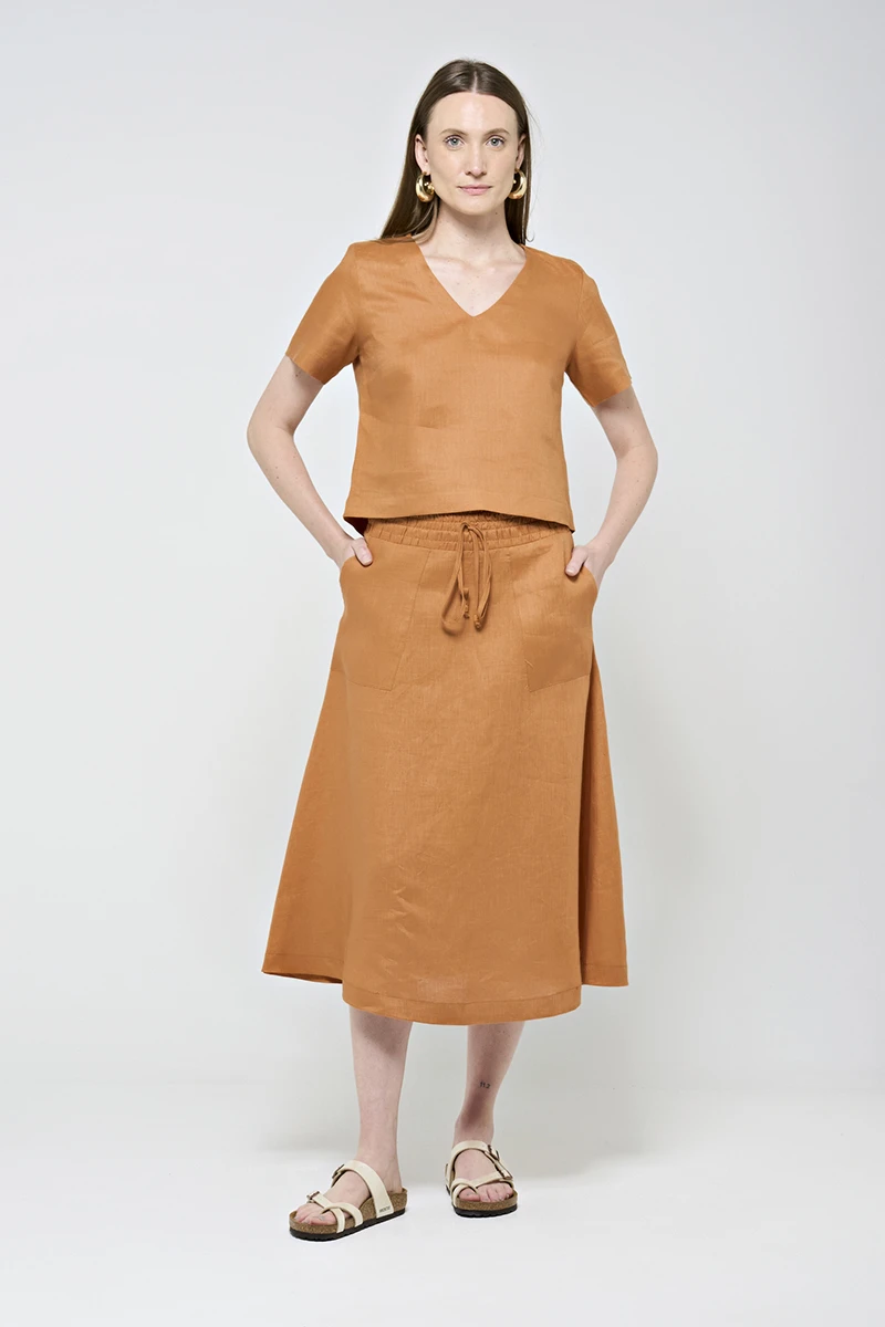 Hidrogênio - SAIA EVASE MIDI 100% LINHO GUARANA - 19800573