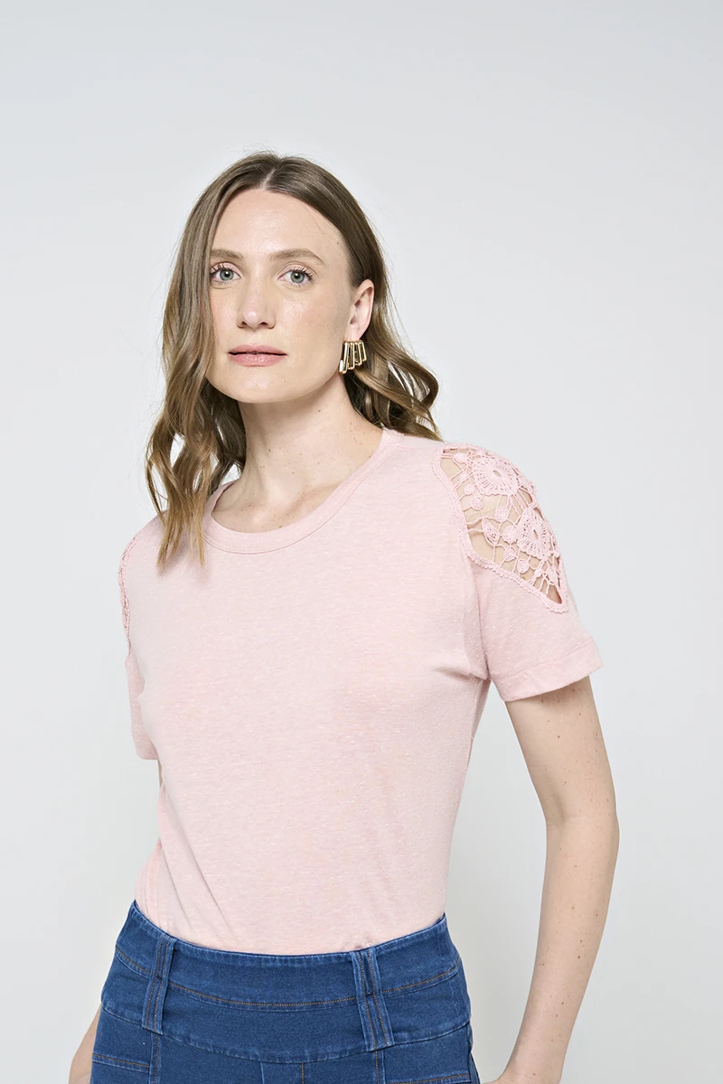 Hidrogênio - CAMISETA COM RENDA SALMÃO - 20538491