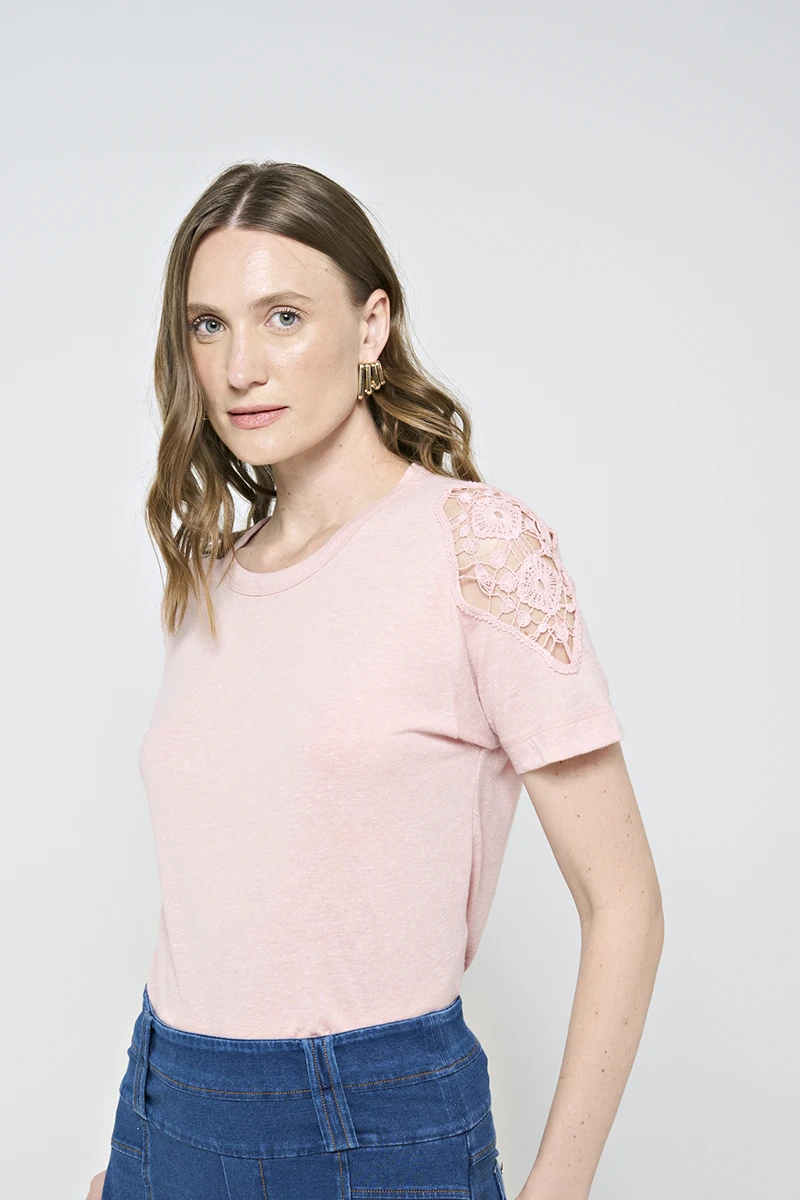 Hidrogênio - CAMISETA COM RENDA SALMÃO - 20538491