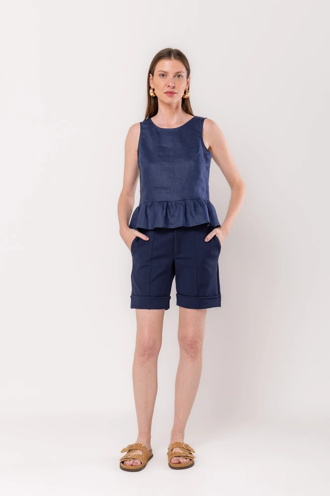 Hidrogênio - REGATA C/ BABADO LINHO PURO MARINHO - 20536004