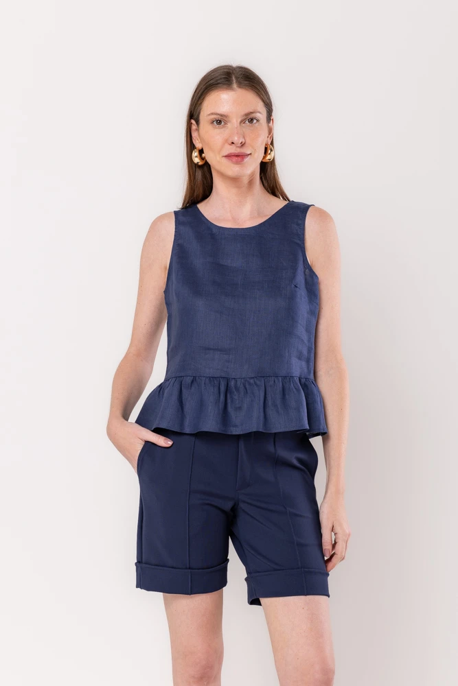 Hidrogênio - REGATA C/ BABADO LINHO PURO MARINHO - 20536004