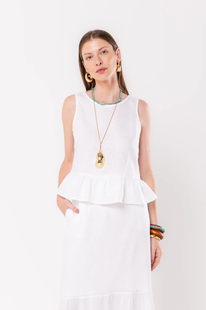 Hidrogênio - WHITE LINEN RUFFLE TANK TOP - 20536002