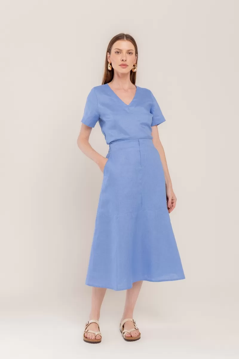 Hidrogênio - PACIFIC BLUE LINEN MIDI SKIRT WITH RIBBON - 20447590