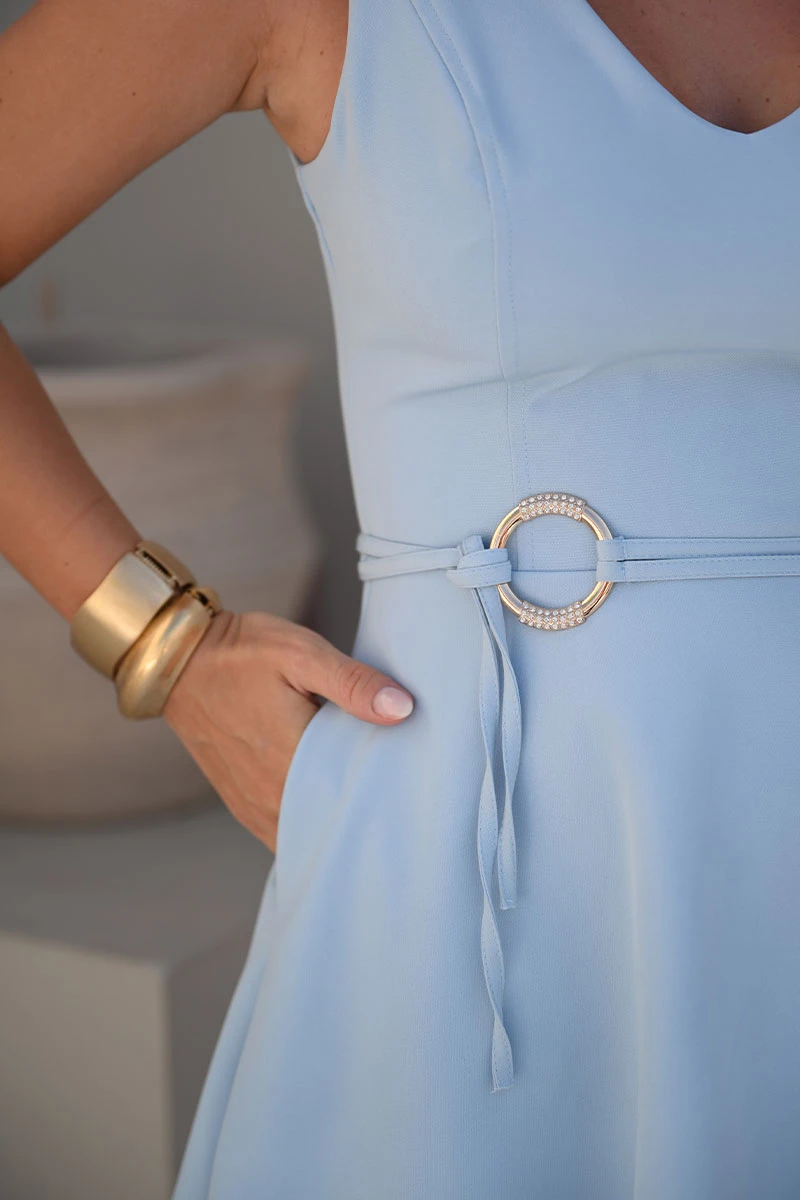 Miss Misses - Luiza Dress with VC Neckline/Belt Detail in Blue - 54633002