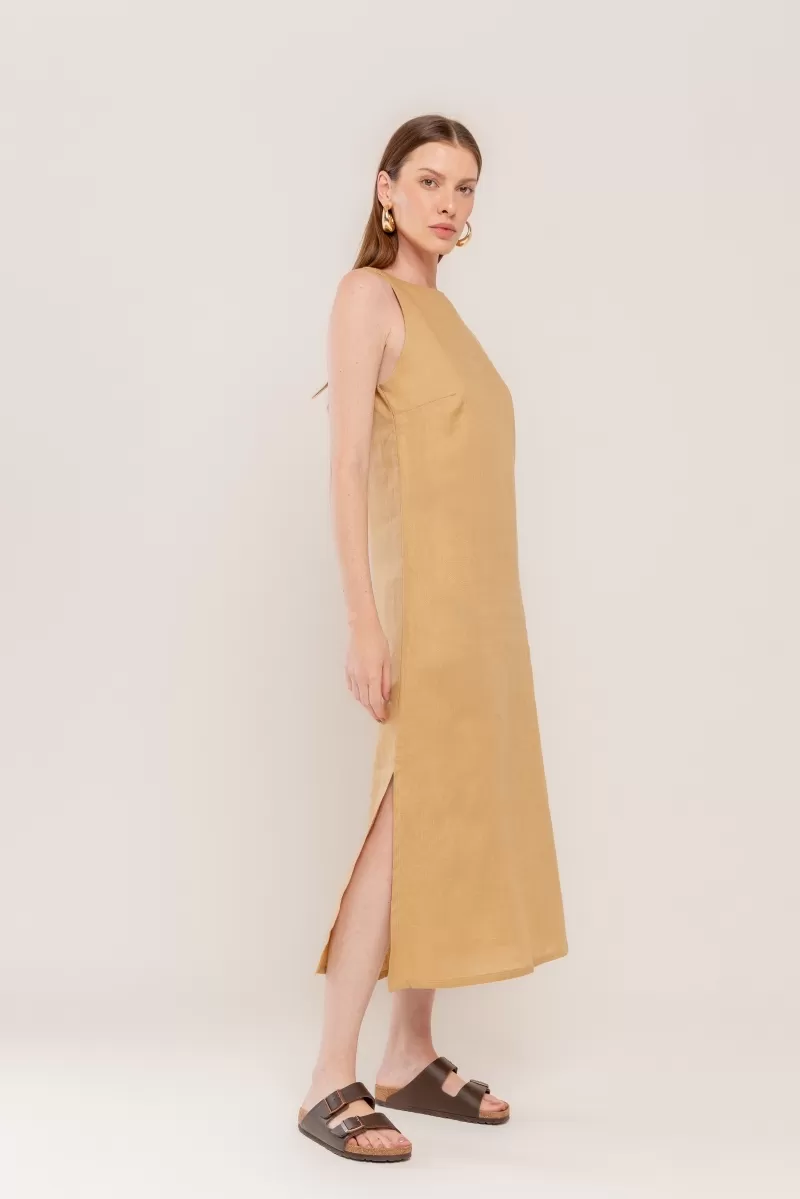 Hidrogênio - VESTIDO MIDI C/ FENDA LINHO PURO CANGURU - 20171580