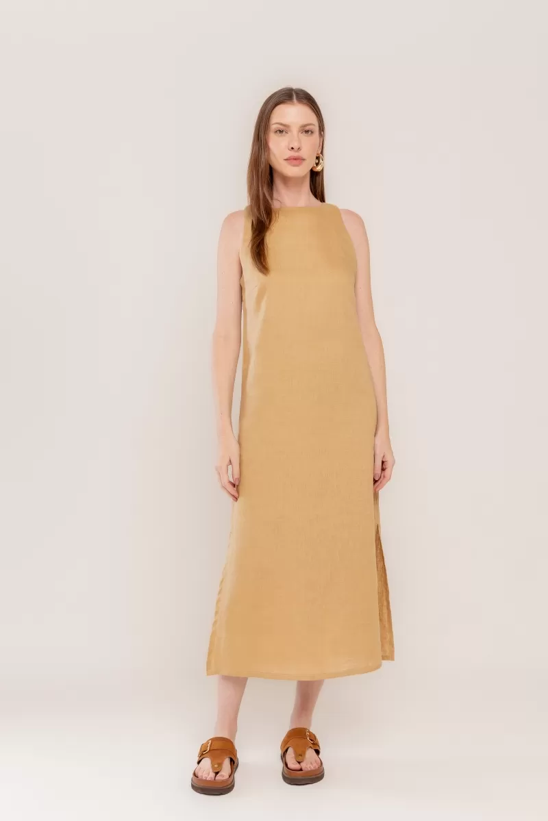 Hidrogênio - VESTIDO MIDI C/ FENDA LINHO PURO CANGURU - 20171580