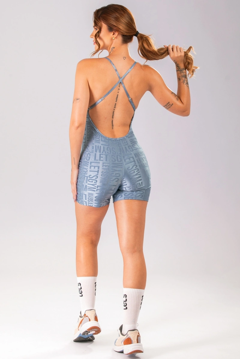 Lets Gym - Vintage Blue Velvet Name Romper - 2897AZ