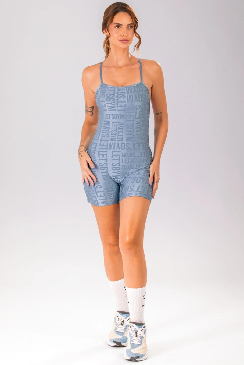 Lets Gym - Vintage Blue Velvet Name Romper - 2897AZ