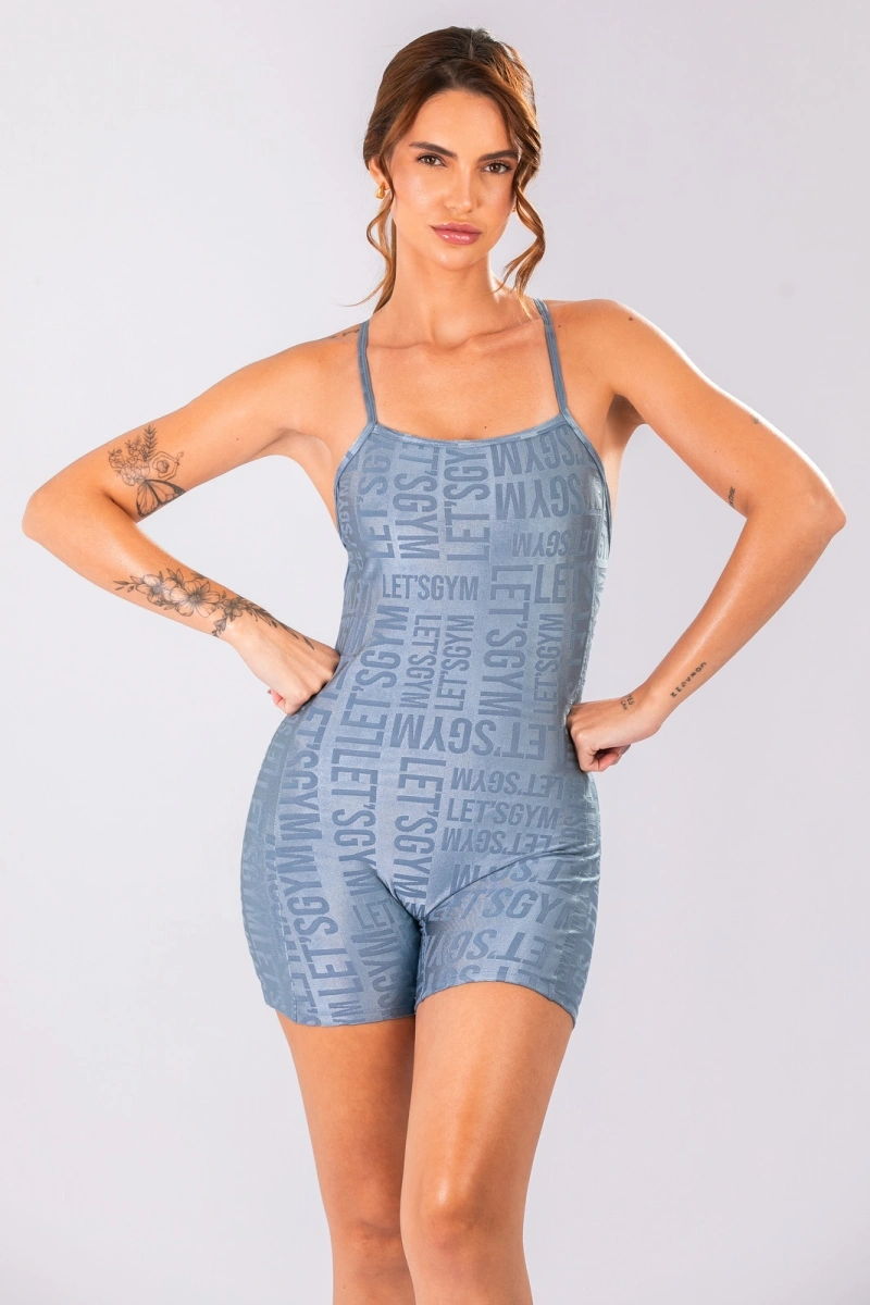 Lets Gym - Vintage Blue Velvet Name Romper - 2897AZ