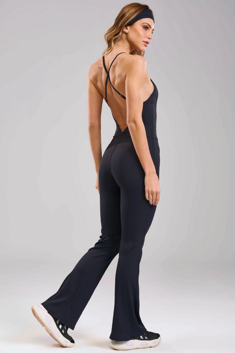 Lets Gym - Macacão Flare Comfort Rib Preto - 2985PT