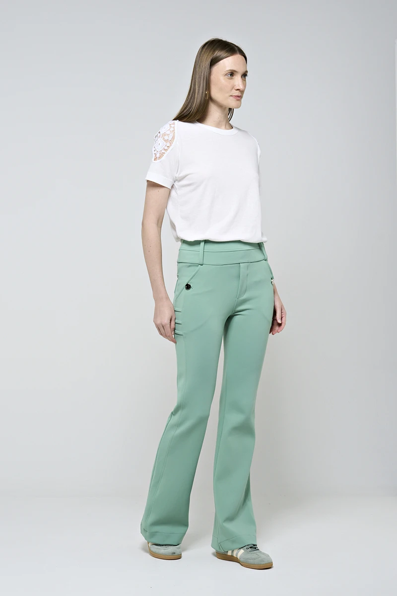 Hidrogênio - CALÇA FLARE COM BOLSOS E PREGAS ROSANA VERDE CAMPESTRE - 19481472