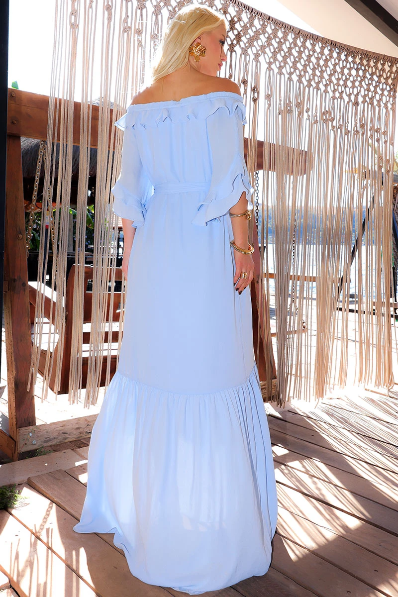 Miss Misses - Lilian Long Crepe Dress with Blue Belt - 54655002