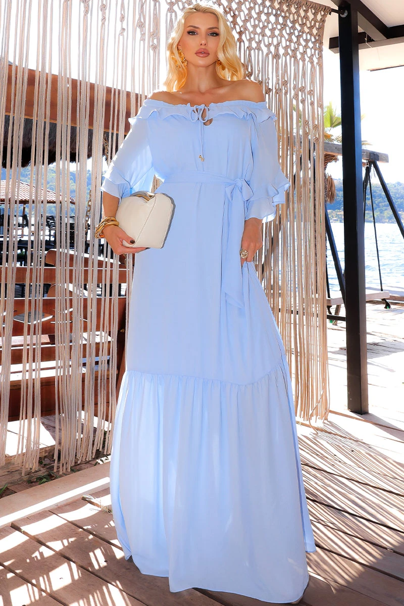 Miss Misses - Lilian Long Crepe Dress with Blue Belt - 54655002