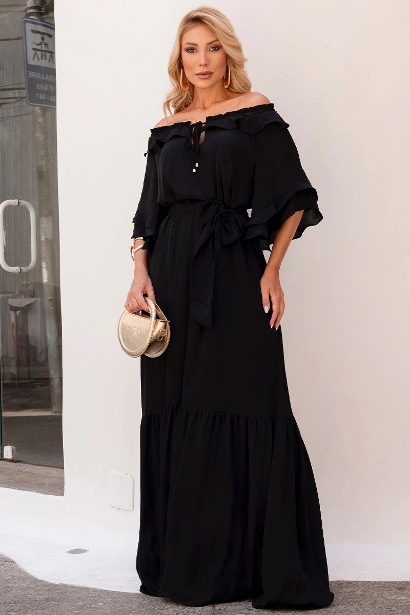 Miss Misses - Lilian Long Crepe Dress with Black Belt - 54655001