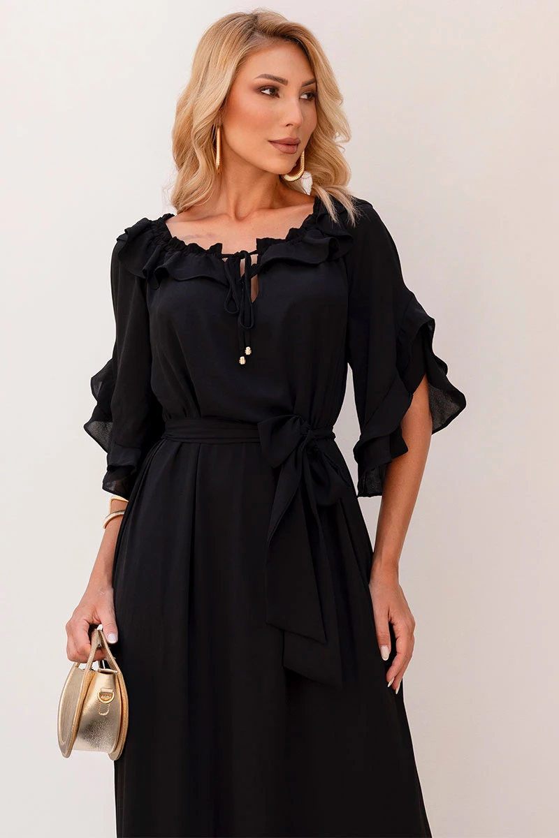 Miss Misses - Lilian Long Crepe Dress with Black Belt - 54655001