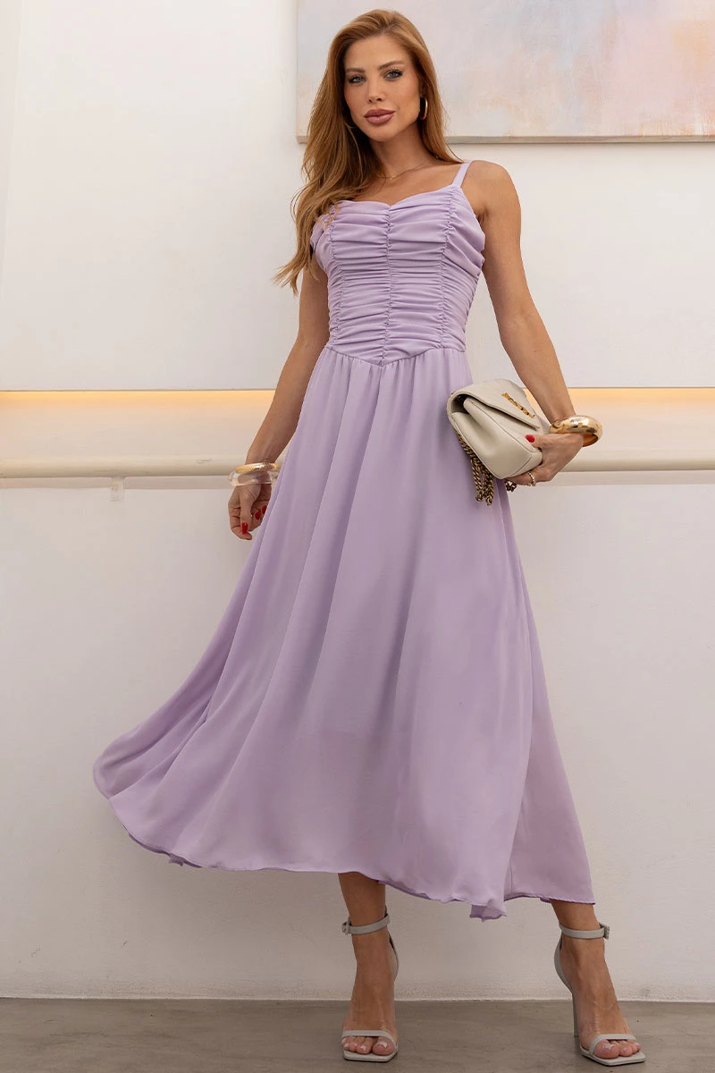 Miss Misses - Cristina Midi Crepe Dress with Ruched Bust, Lilac - 54651050