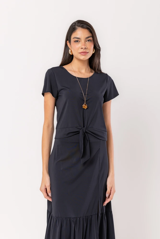 Hidrogênio - BLUSA DE MANGA CURTA COM AMARRAÇÃO FLUITY PRETO - 19605001